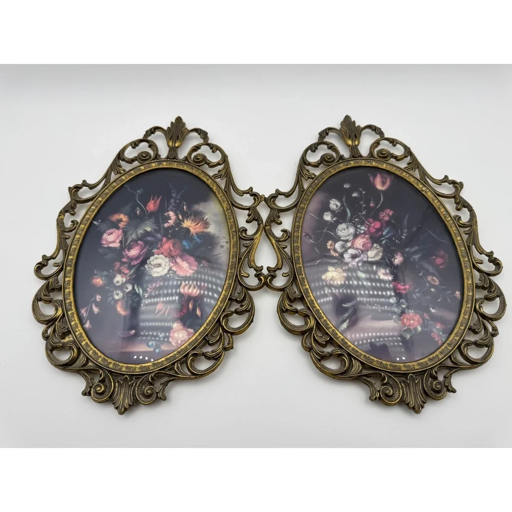 Vintage Italy Brass Ornate Floral Print Oval Frames Convex Glass Set of 2